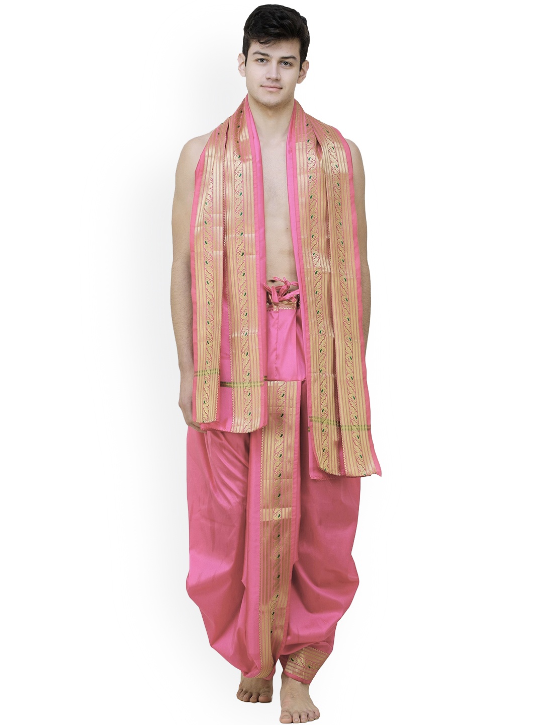 

Exotic India Ready to Wear Dhoti with Angavastram Set and Meenakari Woven Golden Border, Pink