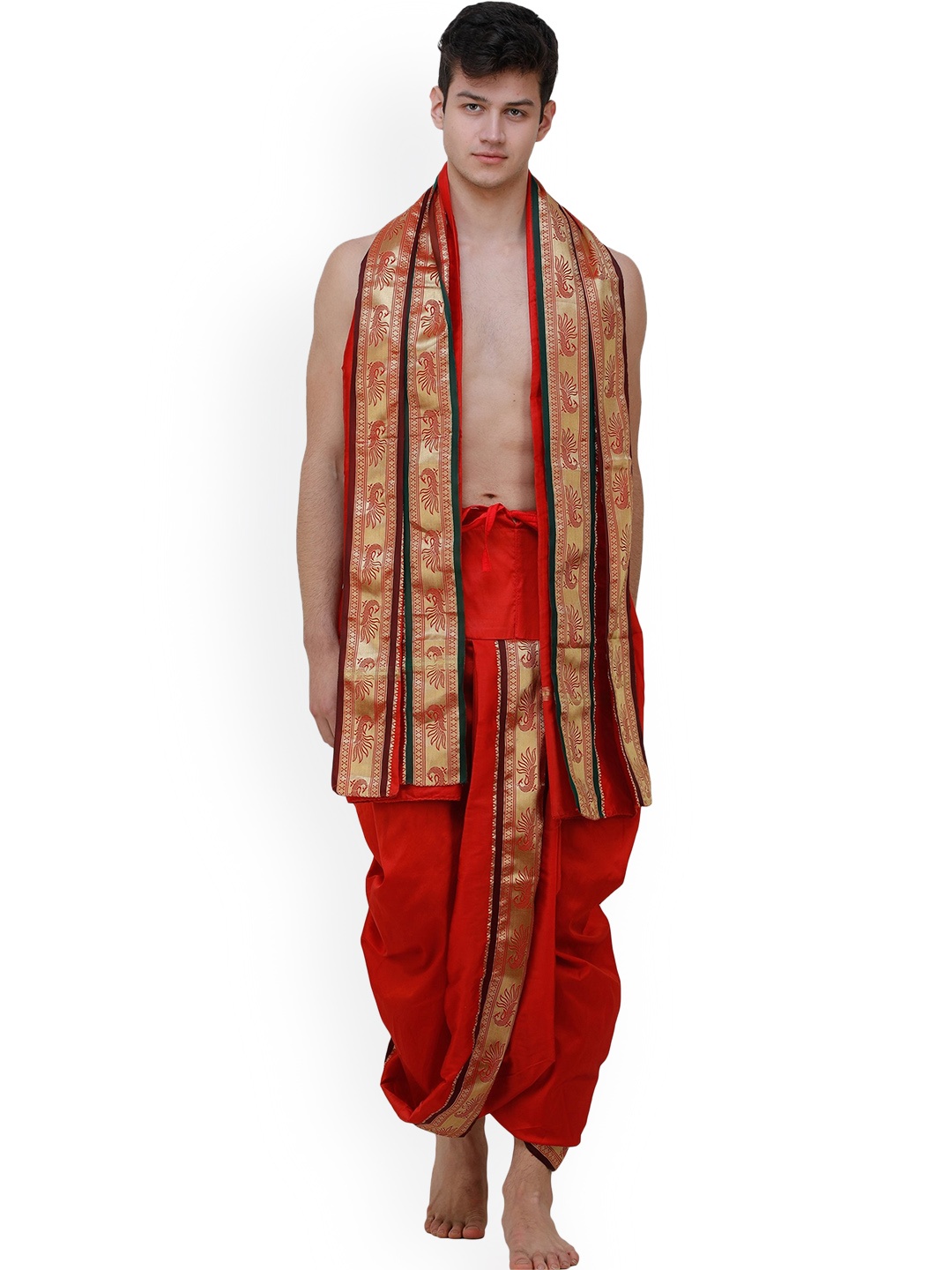 

Exotic India Woven Design Art Silk Ready To Wear Dhoti Pant & Angavastram, Red