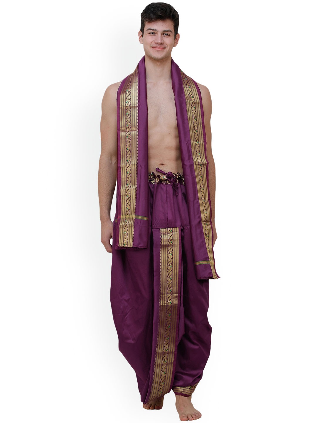 

Exotic India Woven Design Art Silk Ready to Wear Dhoti Pant & Angavastram, Violet