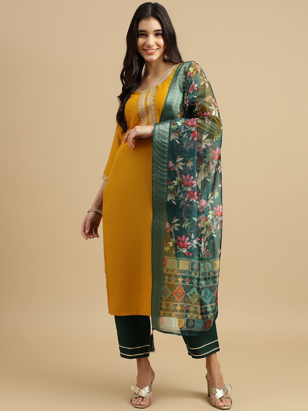 

MOKOSH Ethnic Motifs Embroidered Kurta with Trousers & With Dupatta, Yellow