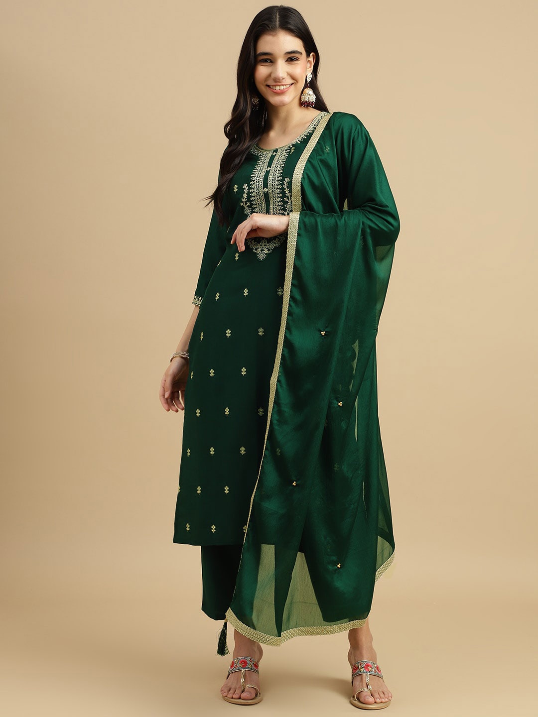 

MOKOSH Ethnic Motifs Embroidered Sequinned Staight Kurta & Trousers With Dupatta, Green