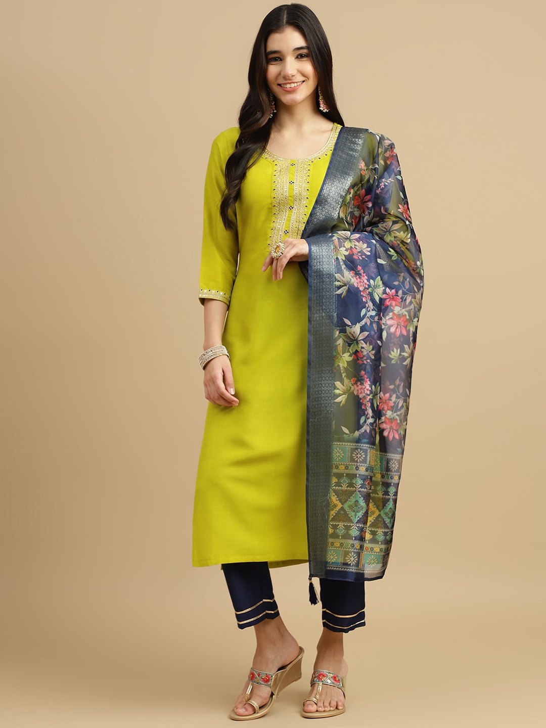 

MOKOSH Ethnic Motifs Embroidered Kurta with Trousers & With Dupatta, Yellow