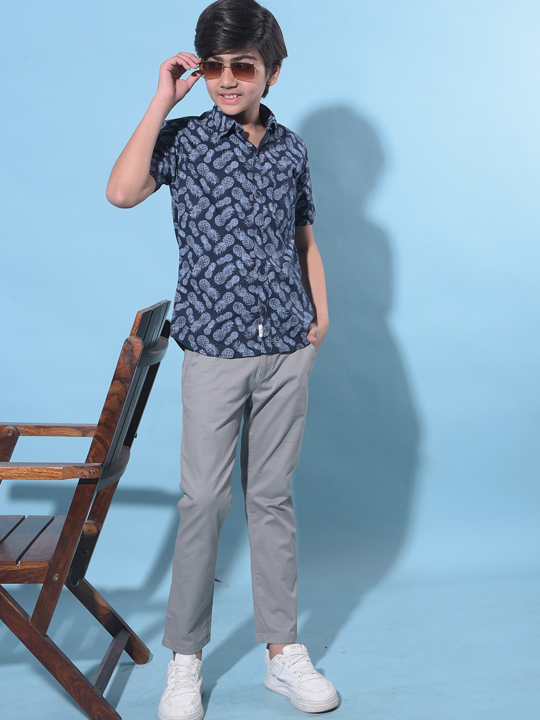 

Crimsoune Club Boys Classic Slim Fit Geometric Printed Casual Shirt, Navy blue