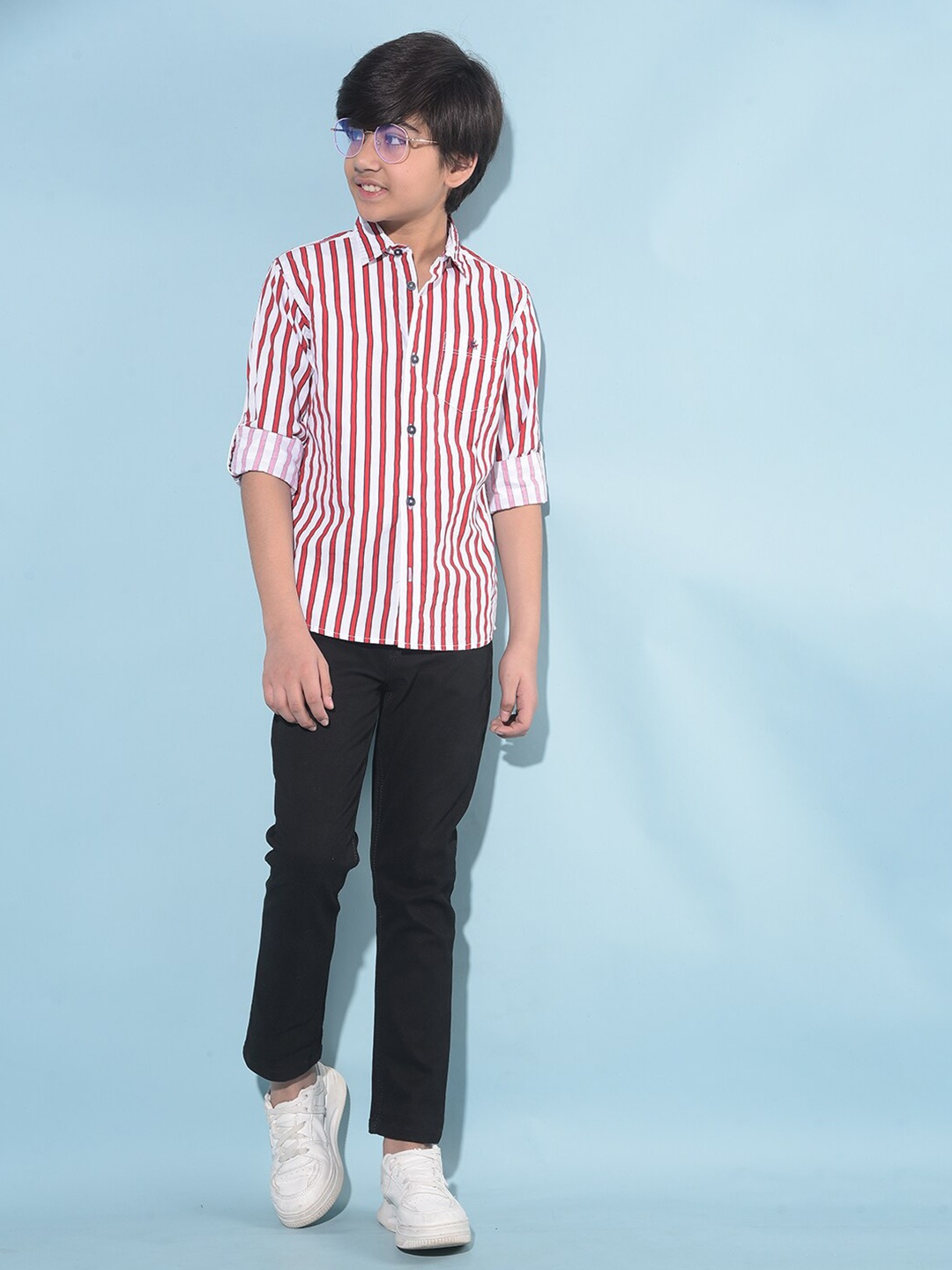 

Crimsoune Club Boys Classic Slim Fit Cotton Striped Casual Shirt, White
