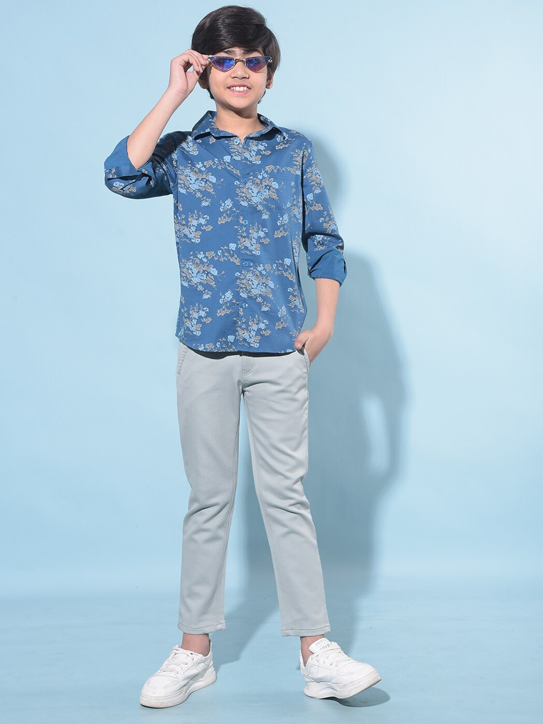 

Crimsoune Club Boys Classic Slim Fit Floral Cotton Printed Casual Shirt, Blue