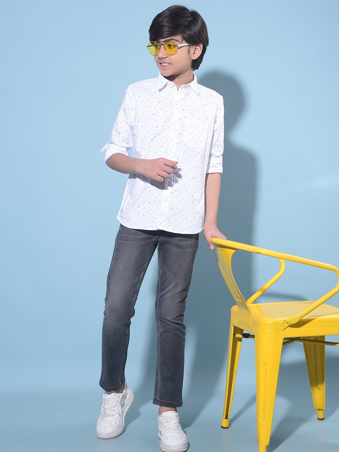 

Crimsoune Club Boys Classic Slim Fit Cotton Printed Casual Shirt, White