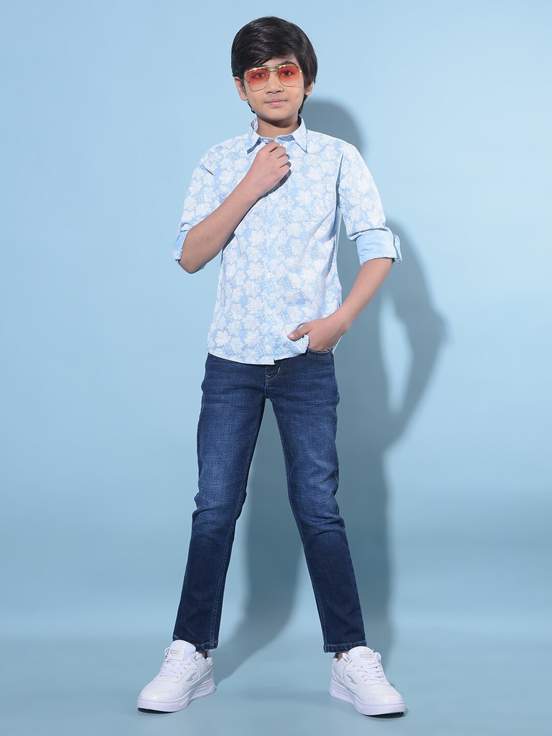 

Crimsoune Club Boys Classic Floral Printed Cotton Curved Slim Fit Casual Shirt, Blue