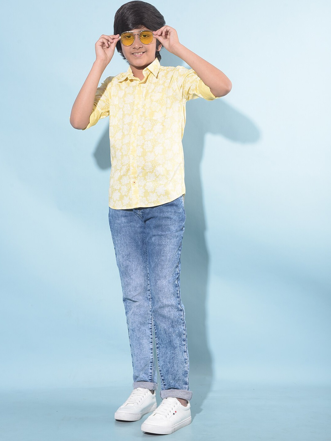 

Crimsoune Club Boys Classic Slim Fit Floral Printed Cotton Casual Shirt, Yellow