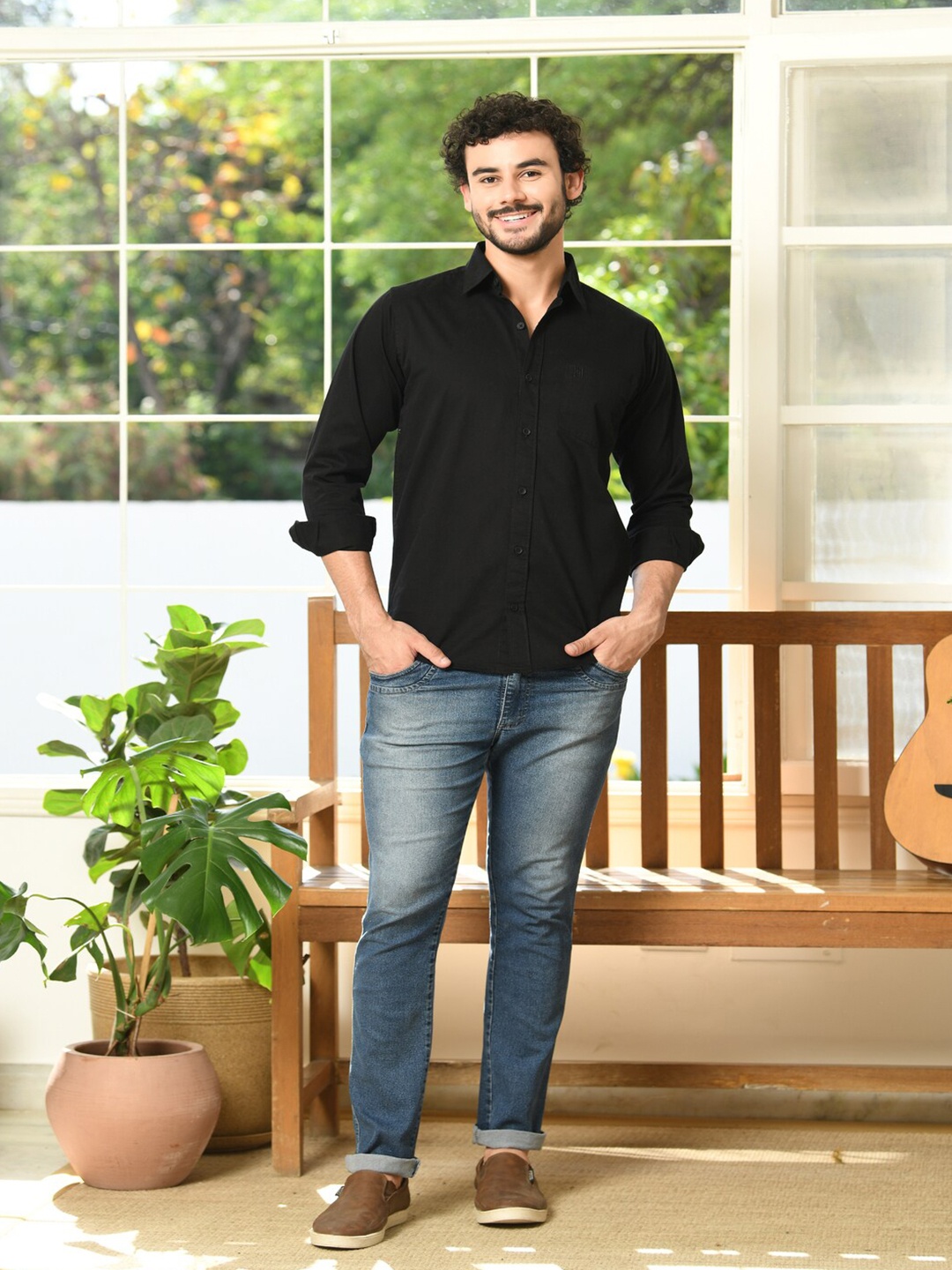 

HONNETE Spread Collar Opaque Checked Cotton Casual Shirt, Black