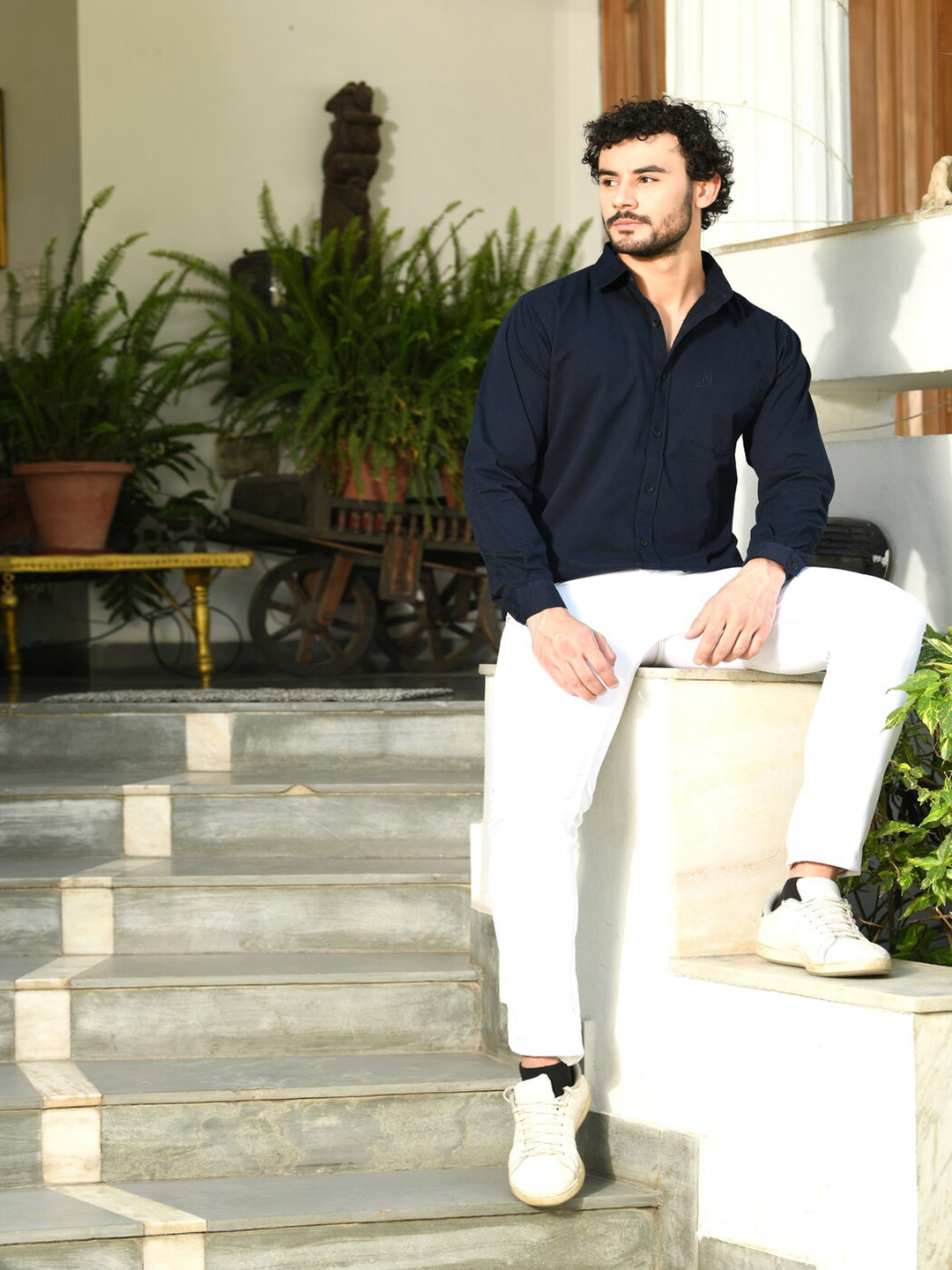 

HONNETE Spread Collar Opaque Cotton Casual Shirt, Navy blue