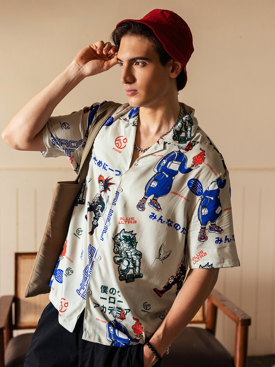 

Bewakoof Beige-Coloured Modern Fit Anime All Over Printed Oversized Casual Shirt
