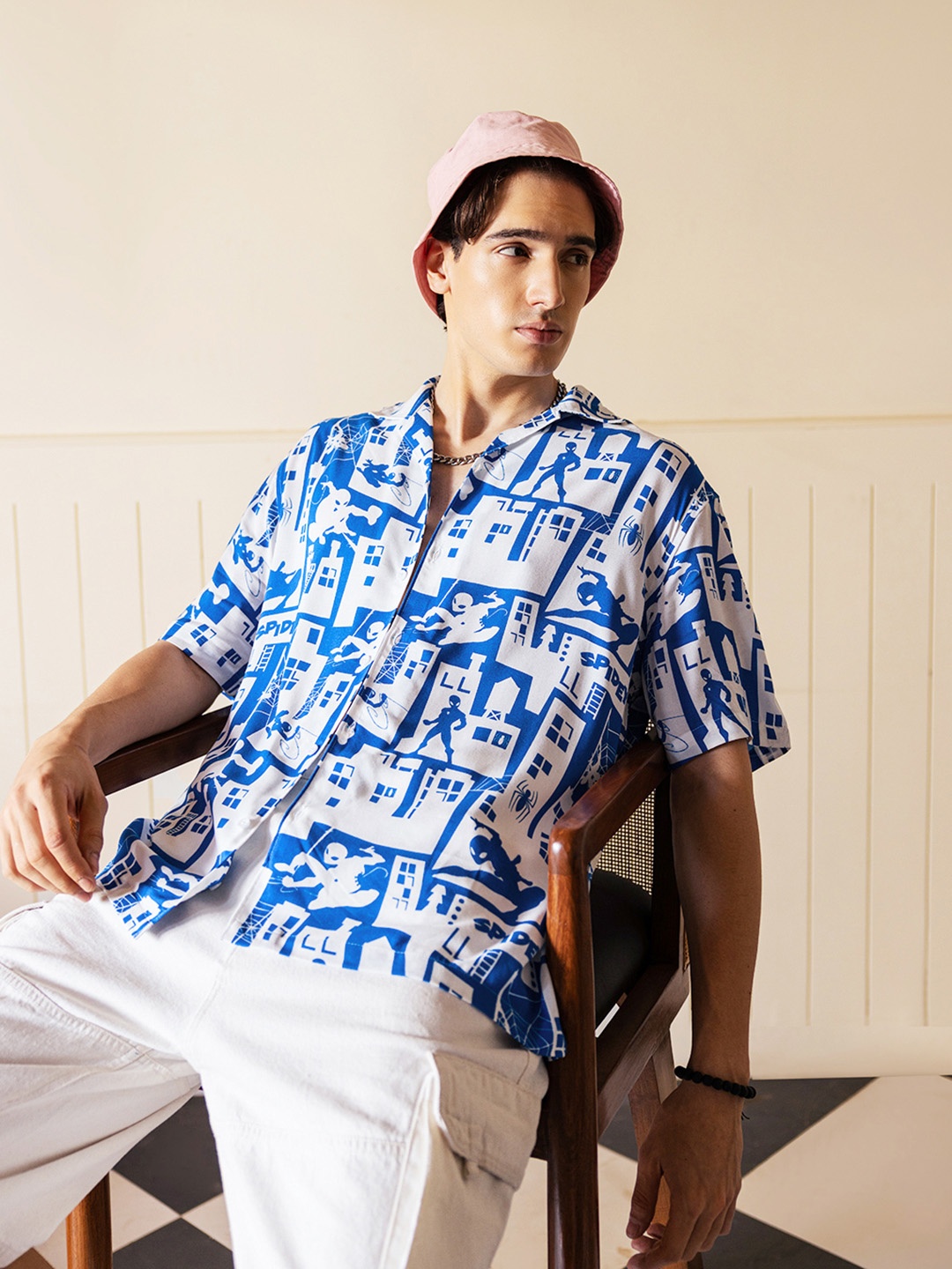 

Bewakoof White & Blue Printed Oversized Shirt