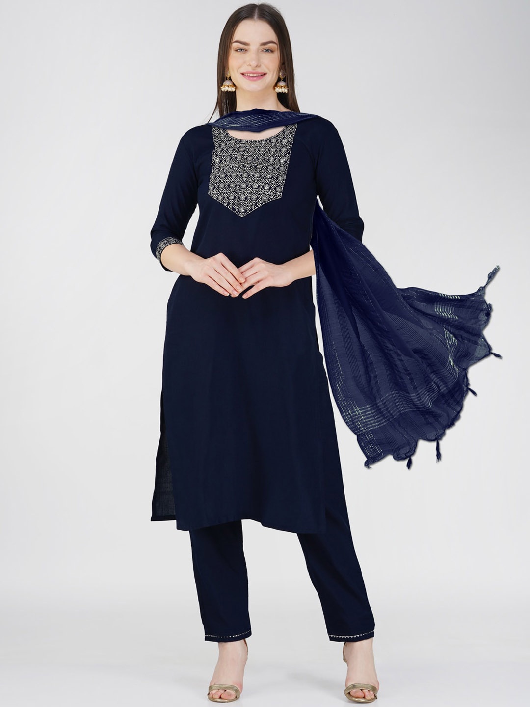 

ARADHNA Ethnic Motifs Yoke Design Sequinned Detailed Straight Kurta & Trouser With Dupatta, Navy blue