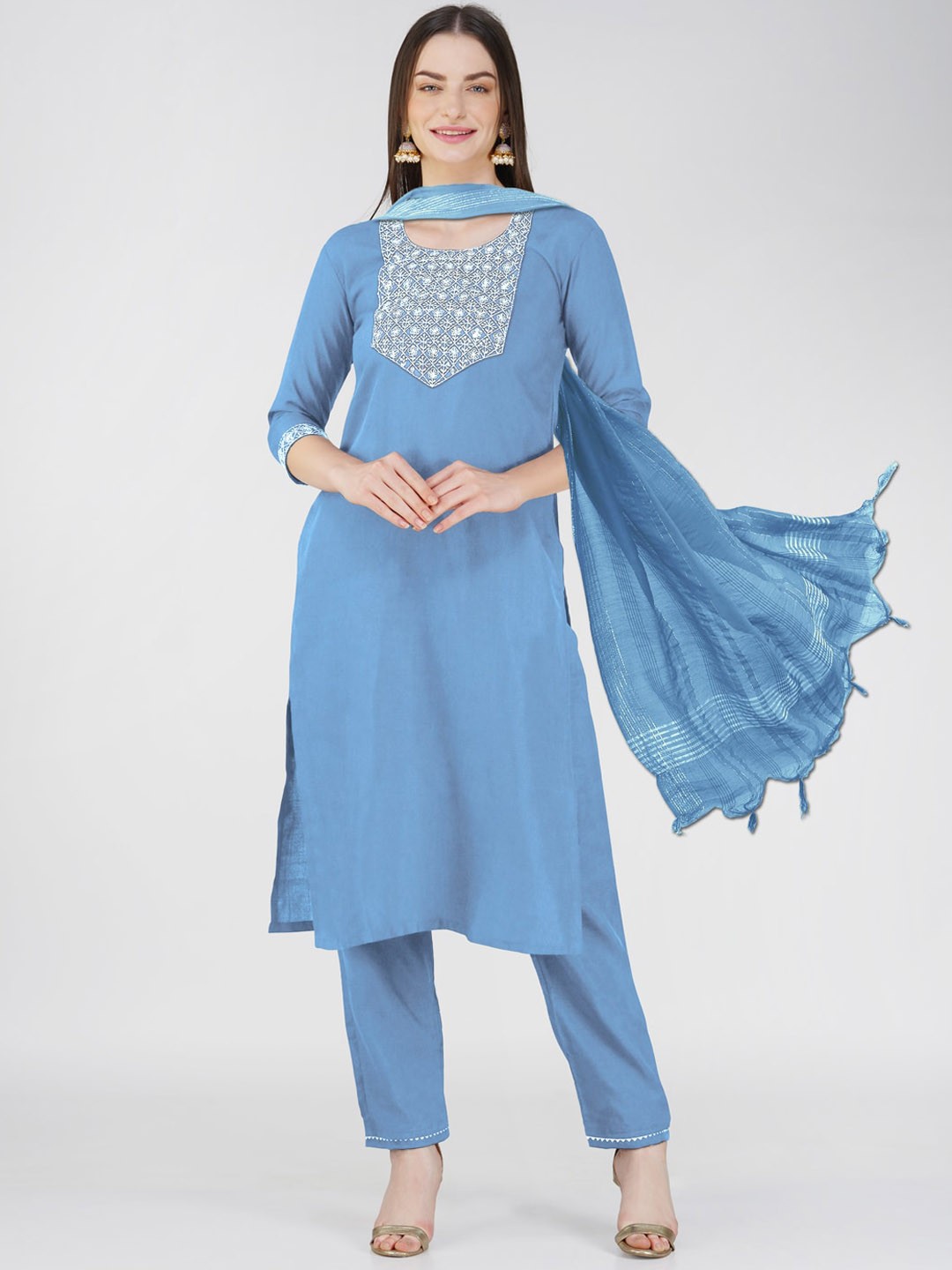 

ARADHNA Ethnic Motifs Yoke Design Regular Sequinned Kurta with Trousers & With Dupatta, Blue