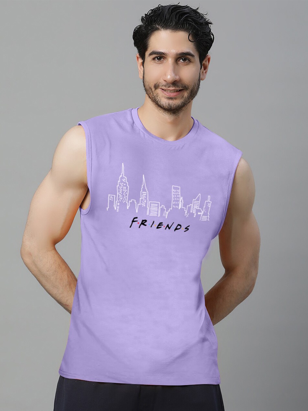 

Free Authority Friends Printed Sleeveless Pure Cotton Muscle T-Shirt, Purple