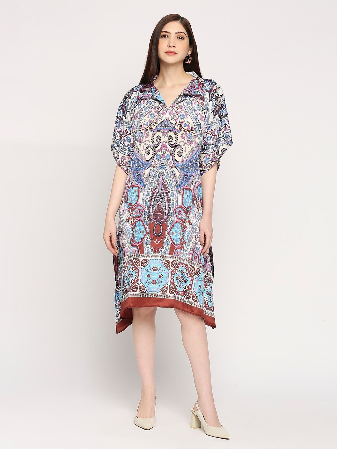 

Cloth Haus India Ethnic Motifs Printed Shirt Collar Extended Sleeves Kaftan Dress, Blue