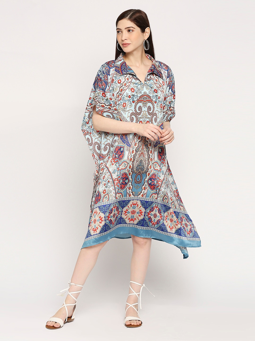 

Cloth Haus India Ethnic Motifs Printed Shirt Collar Kaftan Midi Dress, Blue