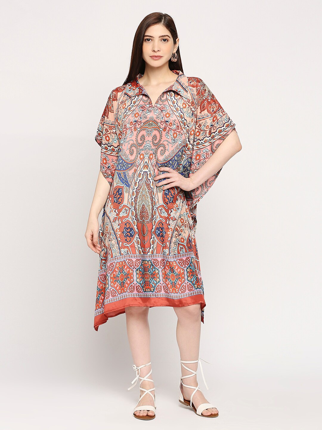 

Cloth Haus India Ethnic Motifs Printed Shirt Collar Extended Sleeves Kaftan Dress, Peach