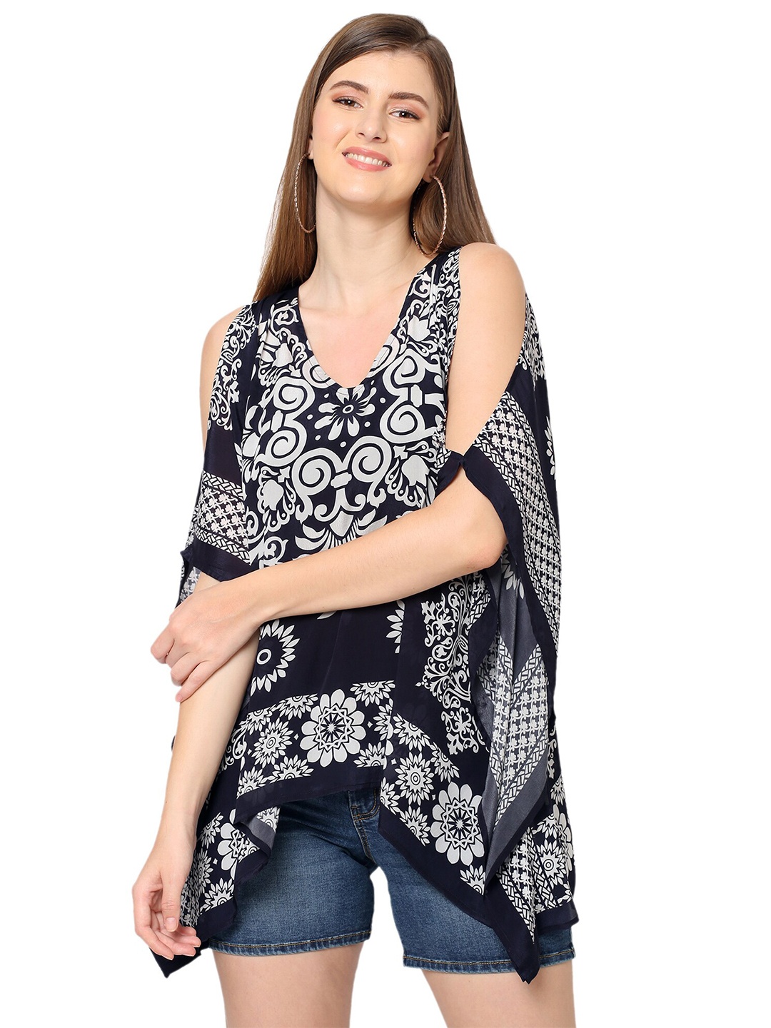 

Cloth Haus India Ethnic Motif Printed Cold Shoulder Sleeves kaftan Top, Navy blue