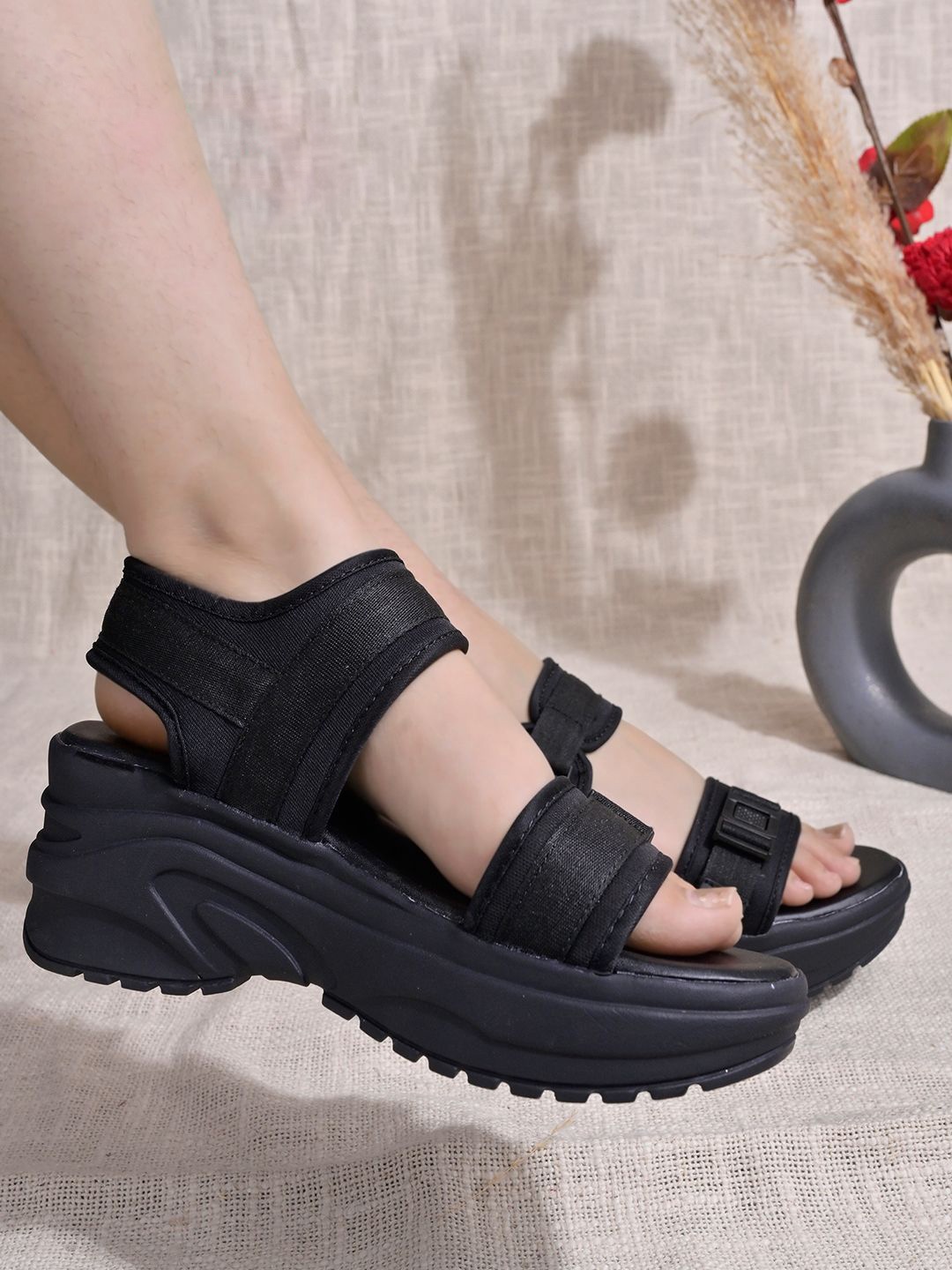 

Shoetopia Open Toe Platform Heels, Black