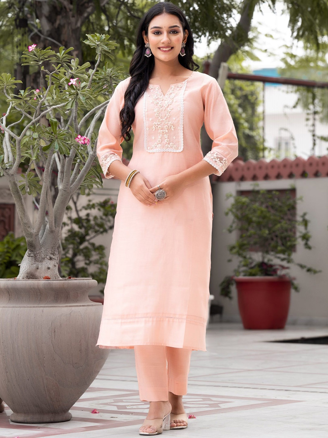 

Label Khoj Ethnic Motifs Embroidered Regular Thread Work Kurta With Trousers & Dupatta, Peach