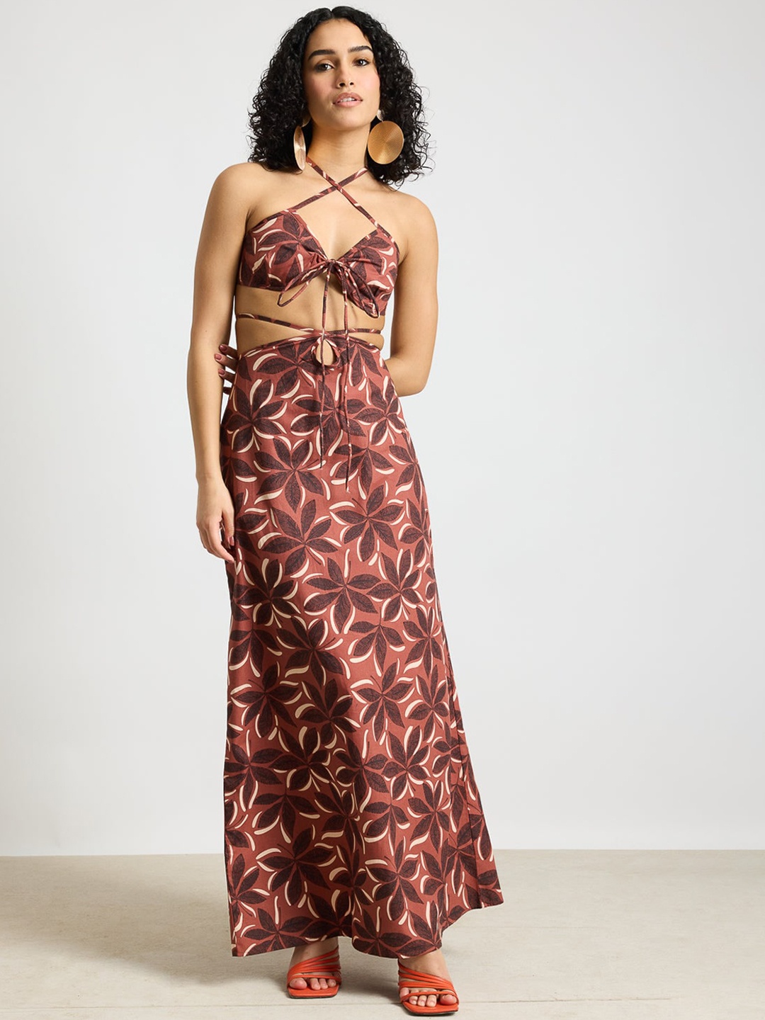 

FREAKINS Printed Halter Neck Pure Cotton Crop Top With Skirt, Brown