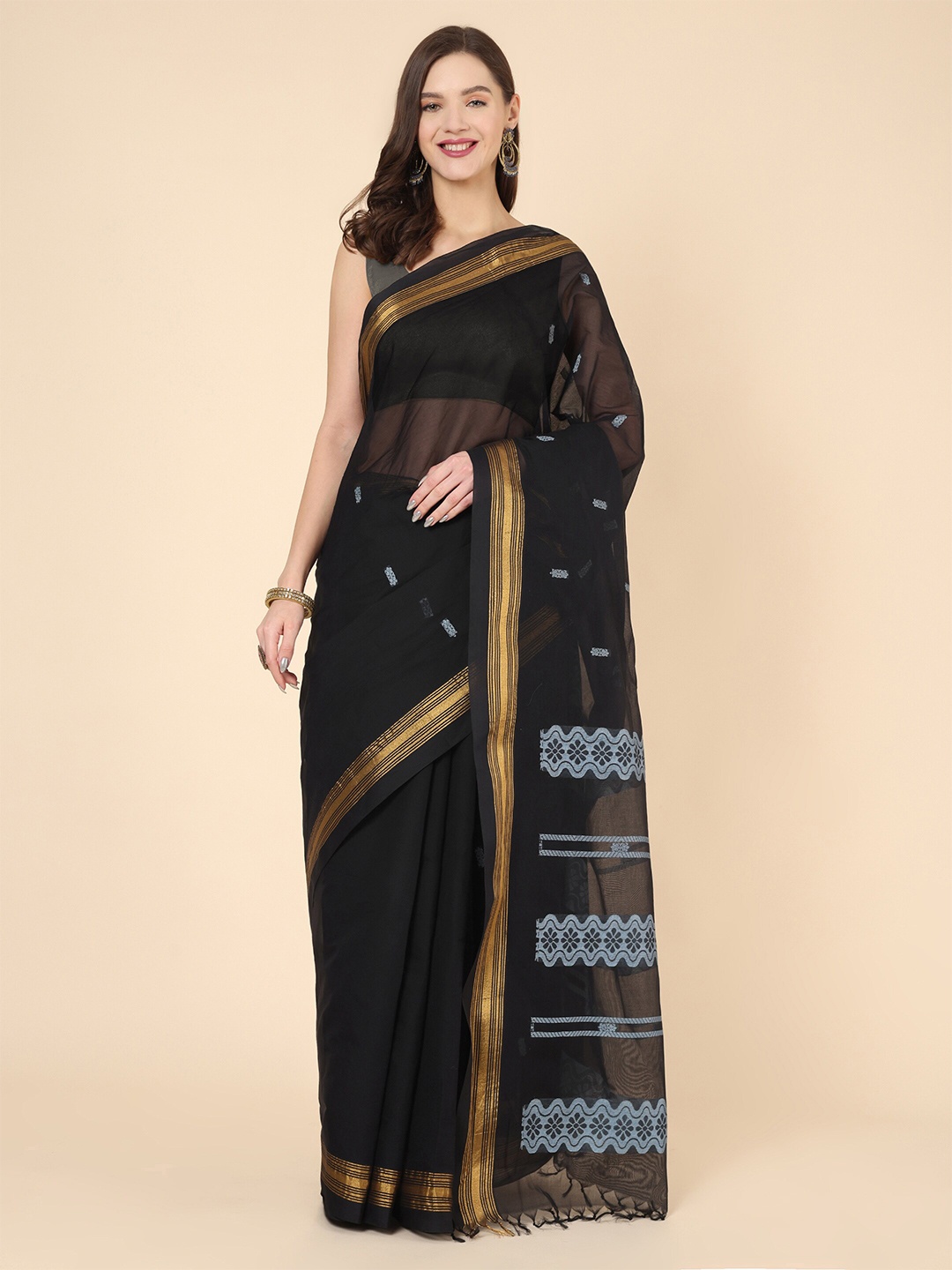 

Manvish Drapes Ethnic Motifs Zari Pure Cotton Chettinad Saree, Black