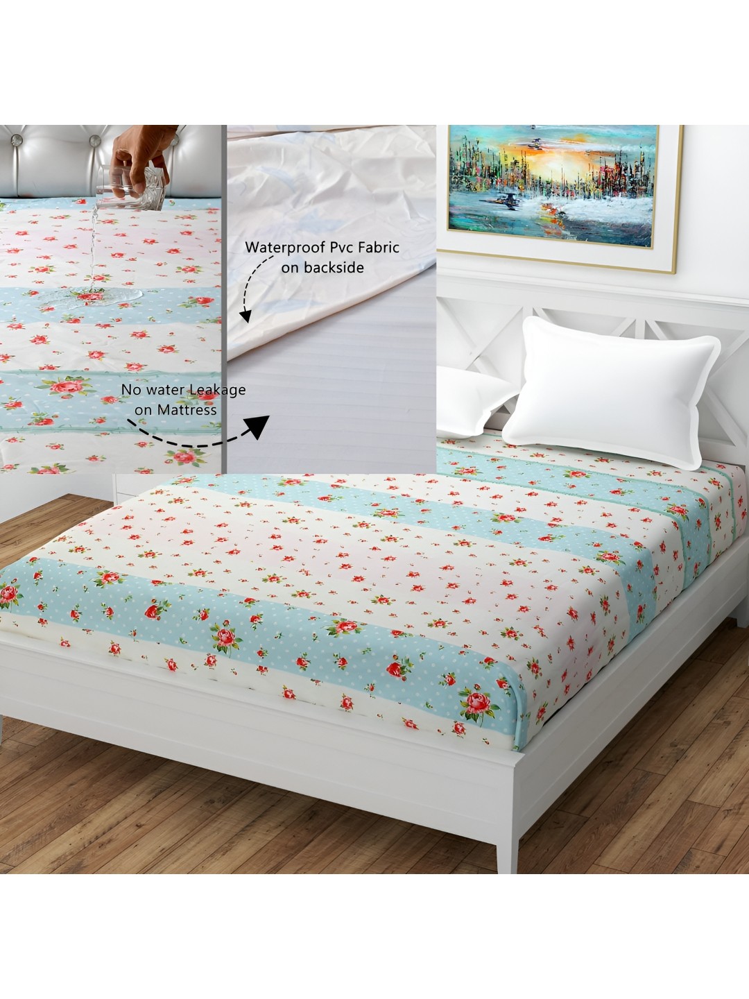 

MallowWorld White Printed Water Resistant Mattress Protector, Red