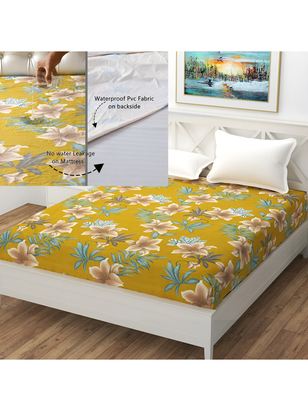 

MallowWorld Green Printed Mattress Protector, Yellow