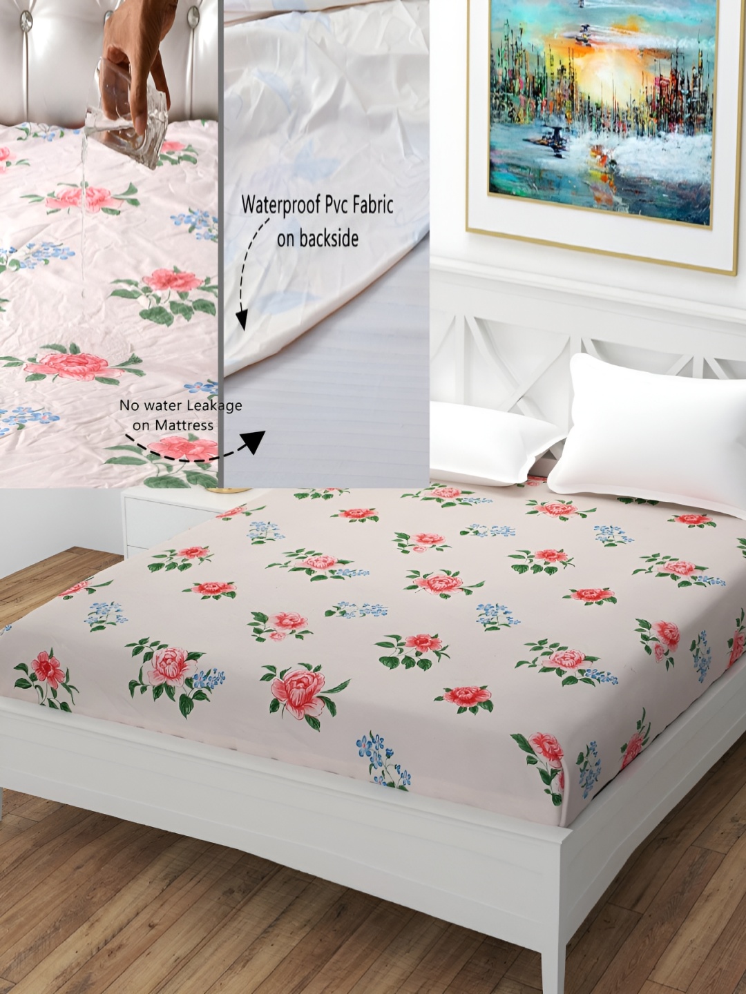 

MallowWorld Green Floral Printed Cotton Mattress Protector, Red