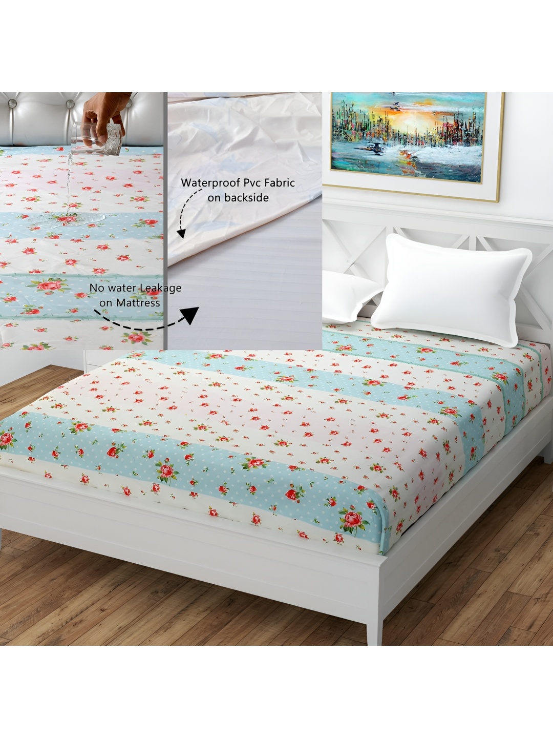 

MallowWorld Blue Floral Printed Cotton Mattress Protector, Red
