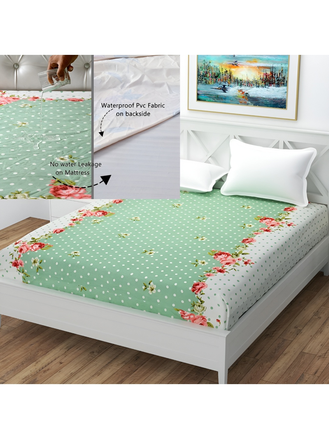 

MallowWorld Red Floral Printed Cotton Mattress Protector, Green
