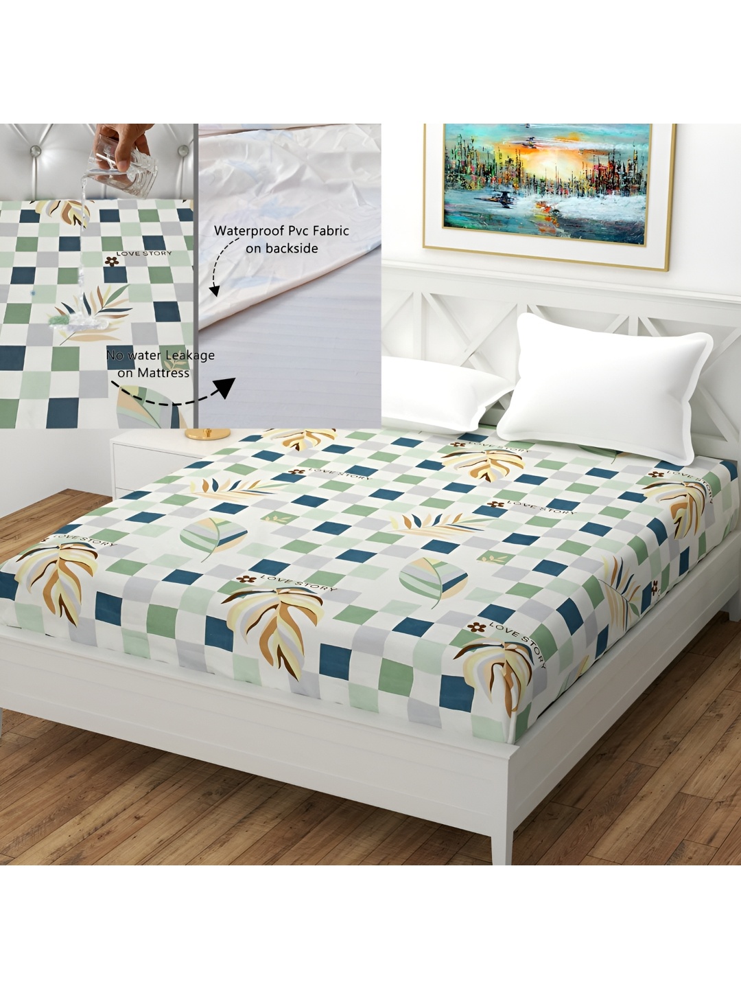 

MallowWorld White Floral Printed Cotton Mattress Protector, Green
