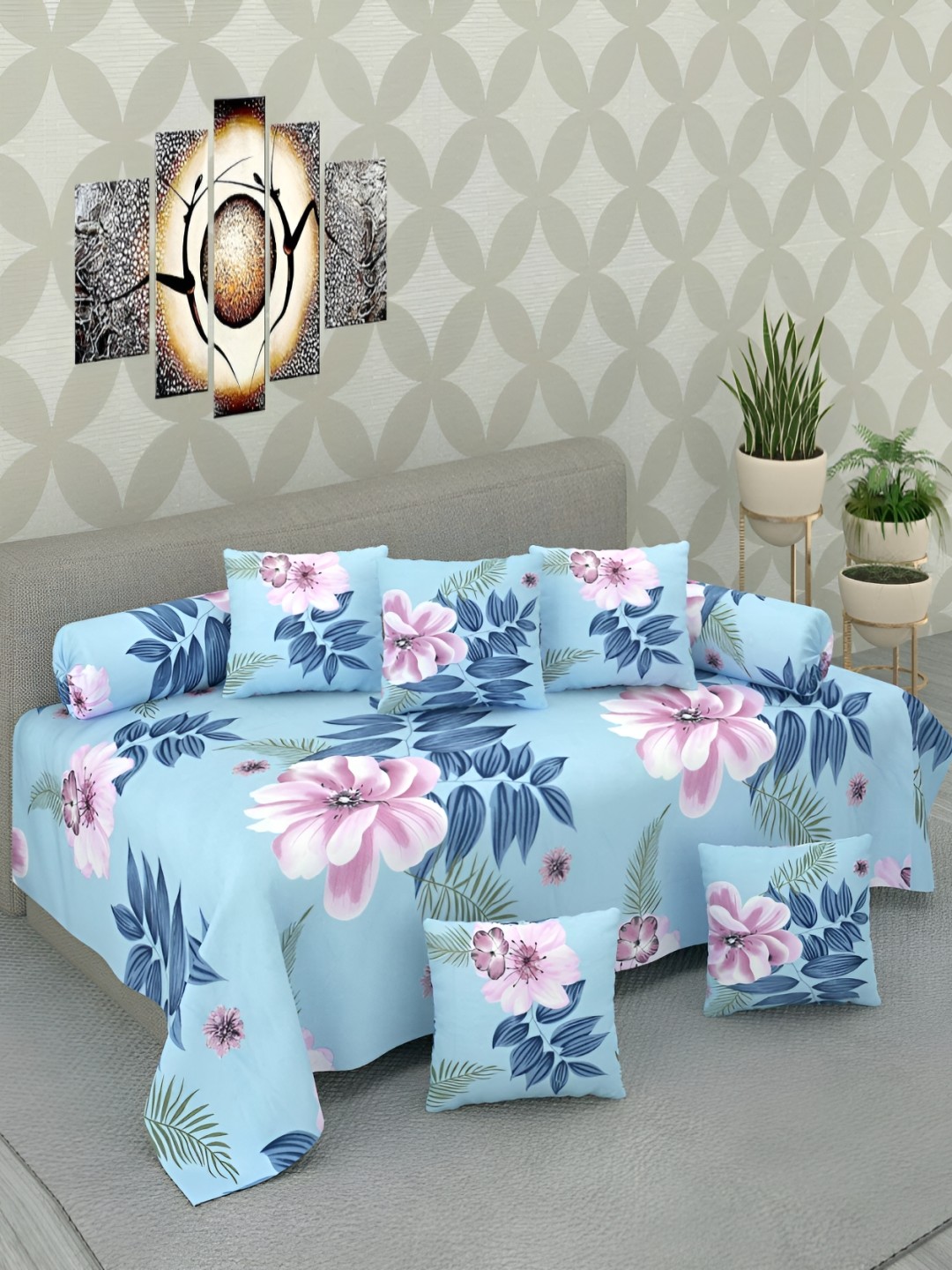 

MallowWorld Blue & White Floral Cotton 200 TC Single Bedsheet with 5 Pillow Covers