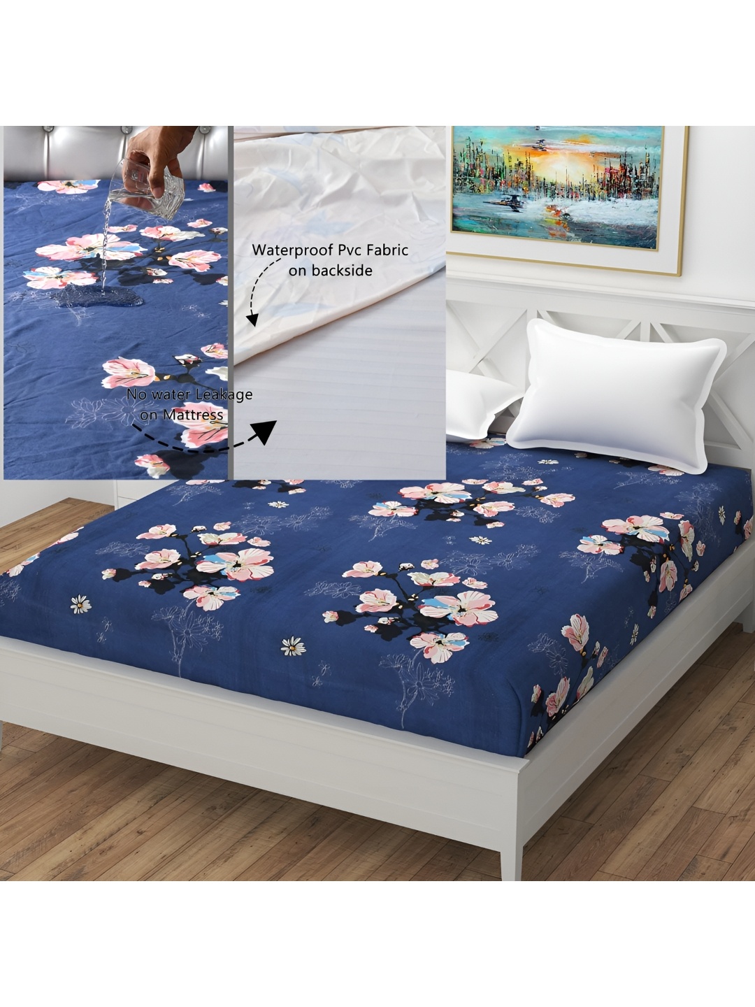 

MallowWorld Pink Floral Printed Cotton Mattress Protector, Blue
