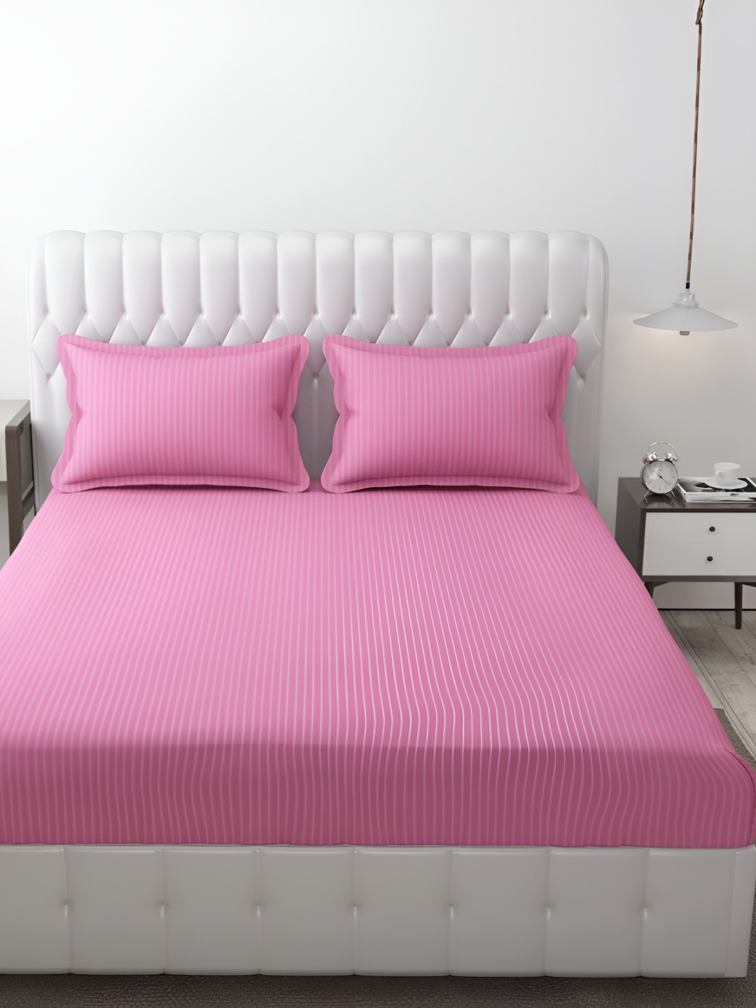 

MallowWorld Pink Striped Cotton 200 TC 2 King Bedsheet with 2 Pillow Covers