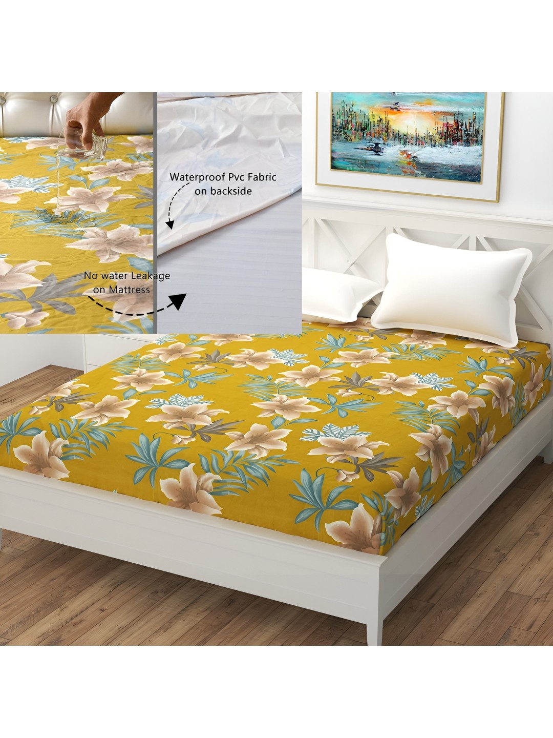 

MallowWorld Blue Floral Printed Cotton Mattress Protector, Yellow