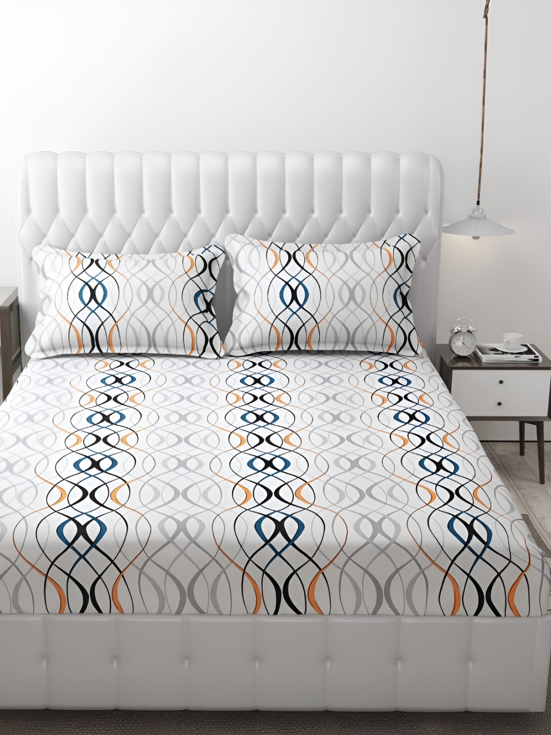 

MallowWorld White & Green Geometric Cotton 200 TC 2 King Bedsheet with 2 Pillow Covers