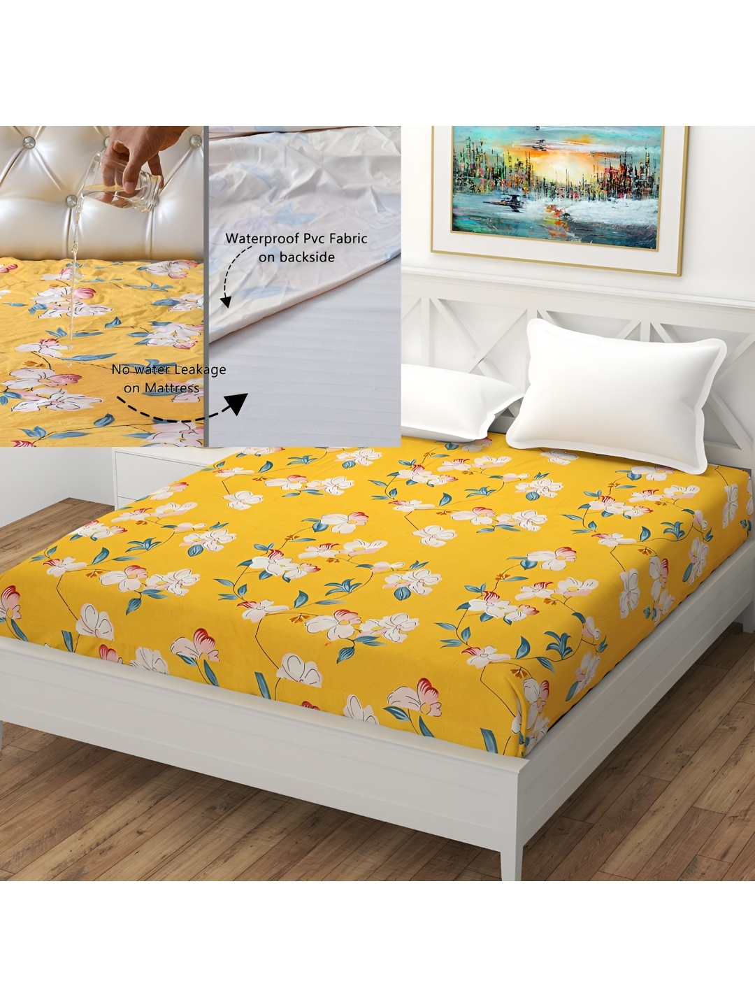 

MallowWorld White Floral Printed Cotton Mattress Protector, Yellow