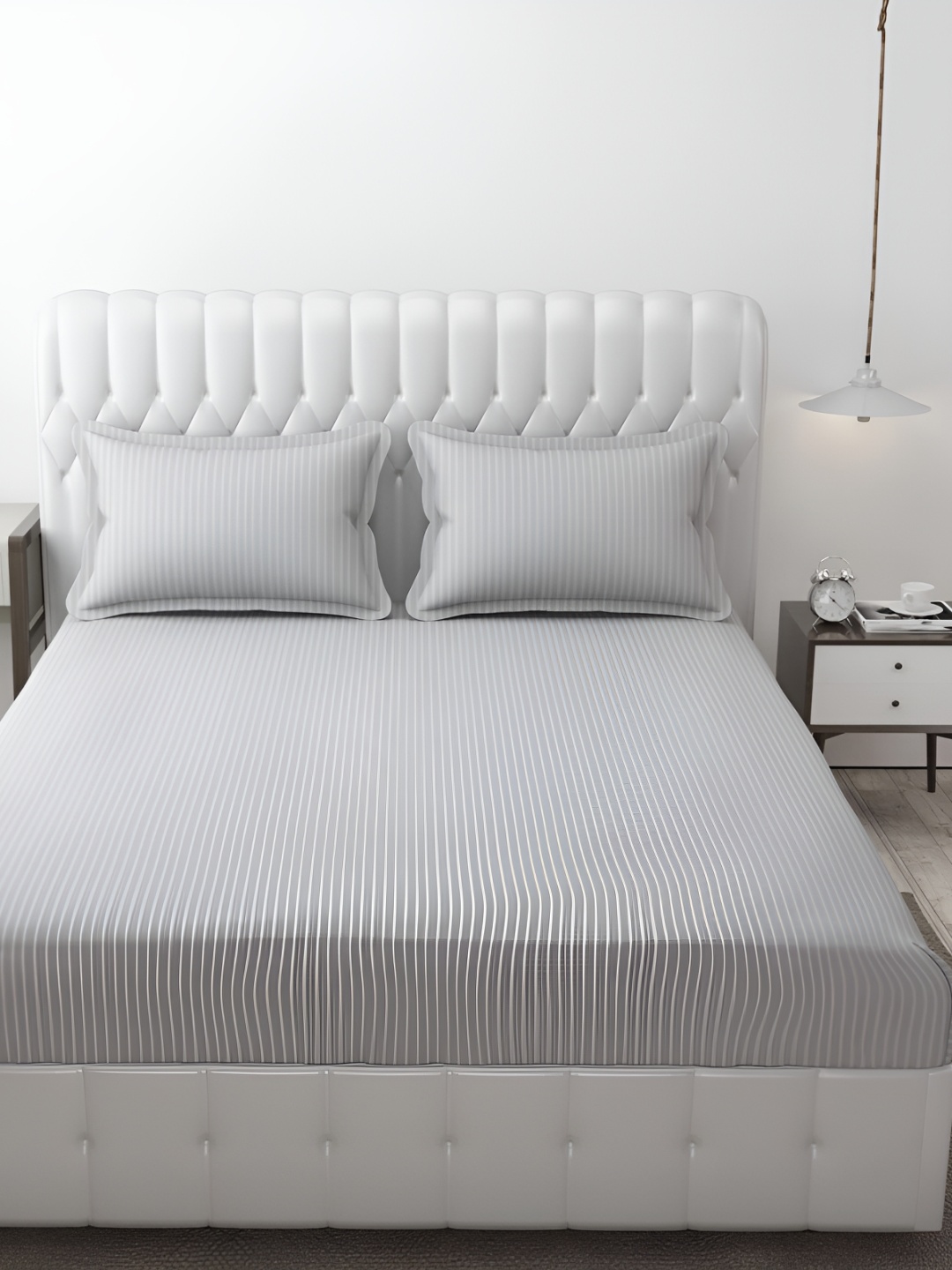 

MallowWorld Grey Striped Cotton 200 TC 2 King Bedsheet with 2 Pillow Covers