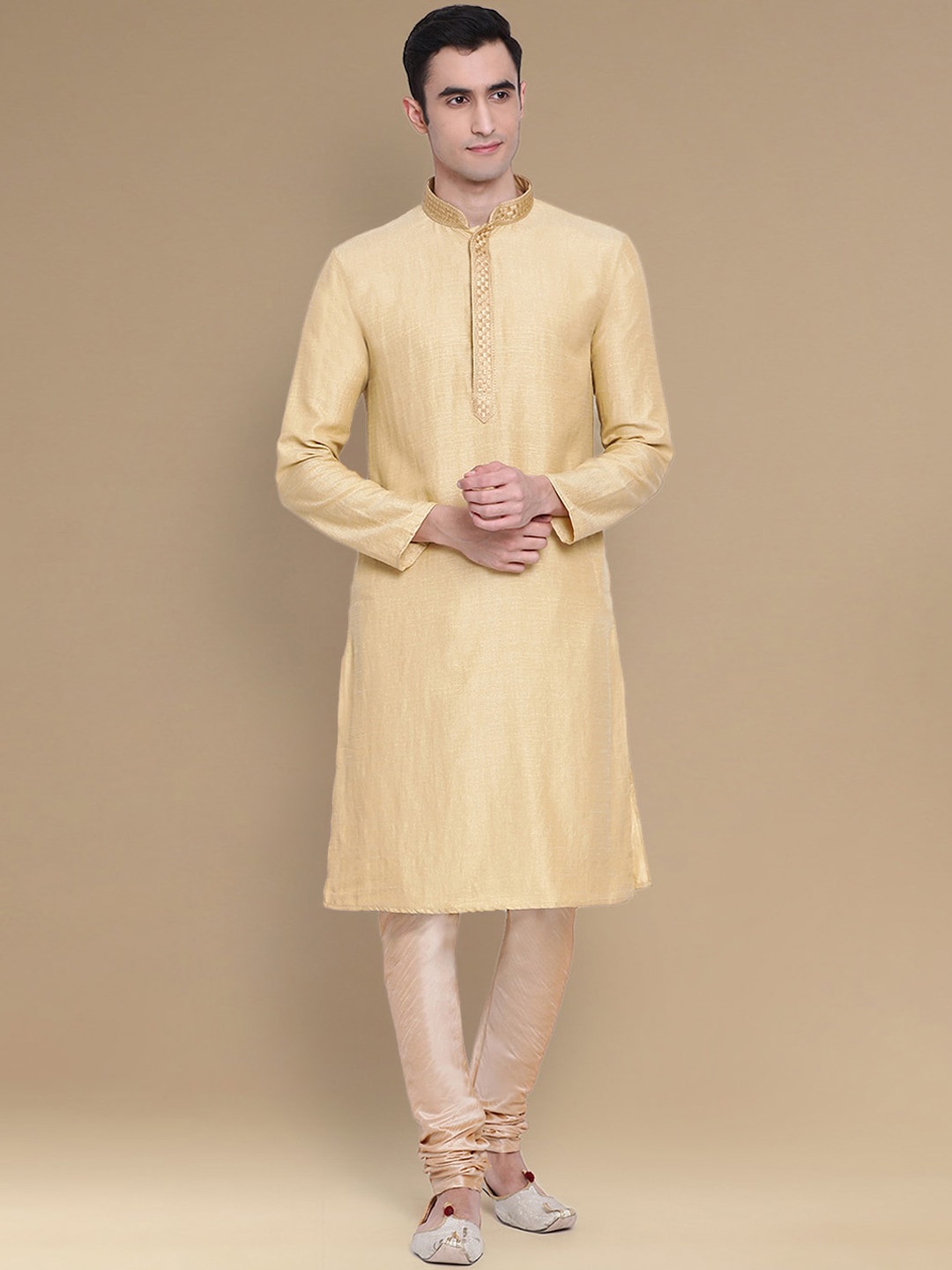 

Sanwara Mandarin Collar Regular Kurta With Churidar, Beige