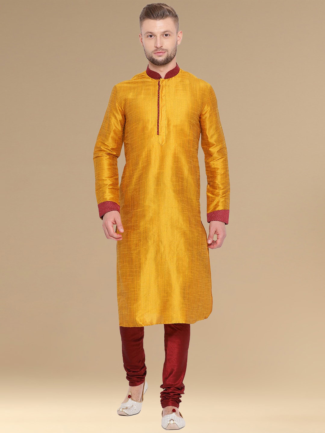 

Sanwara Mandarin Collar Regular Kurta With Churidar, Yellow