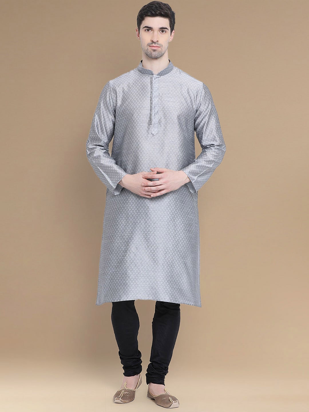 

Sanwara Geometric Woven Design Mandarin Collar Long Sleeves Kurta with Churidar, Grey