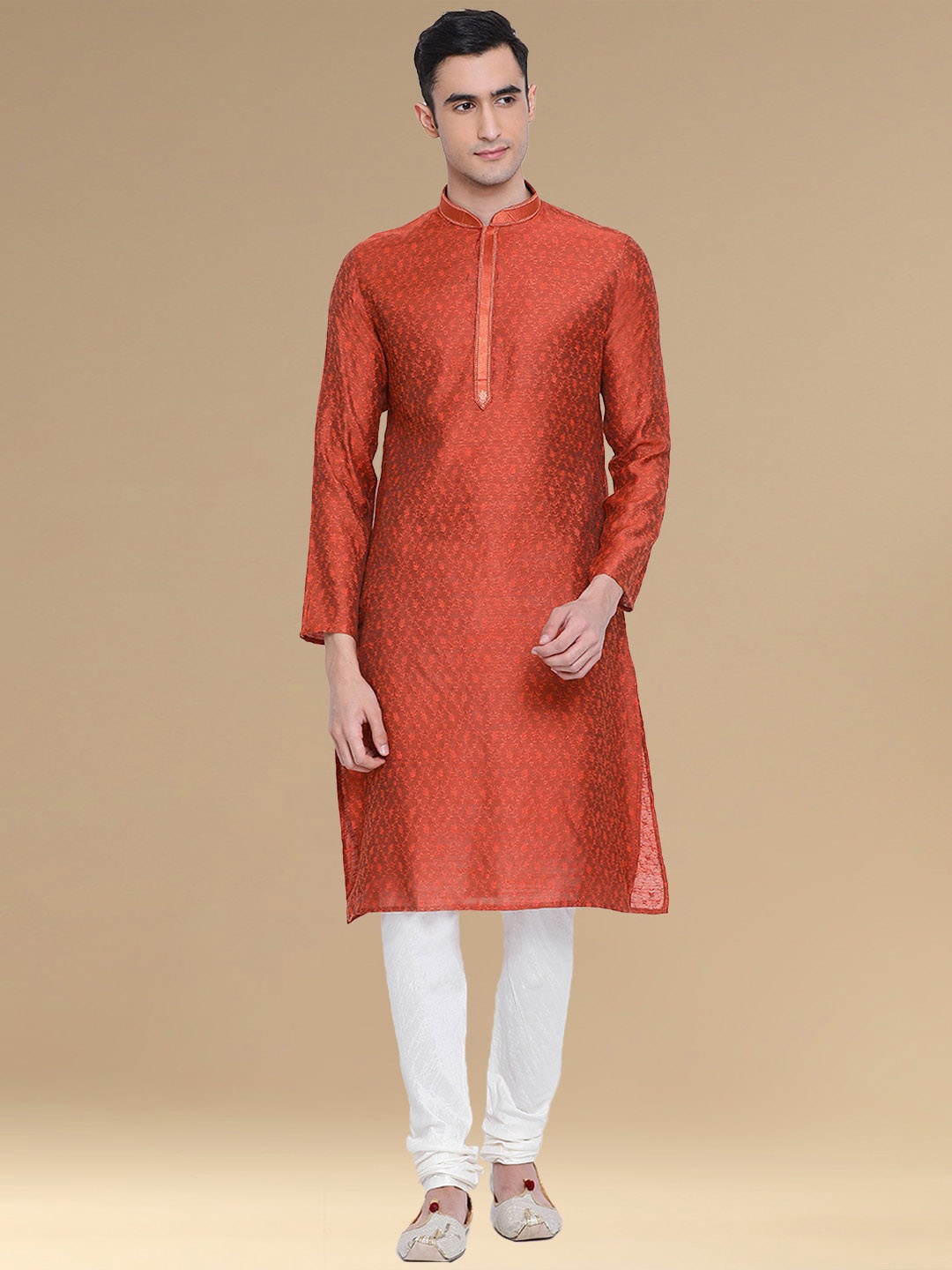 

Sanwara Woven Design Mandarin Collar Long Sleeves Kurta with Churidar, Rust