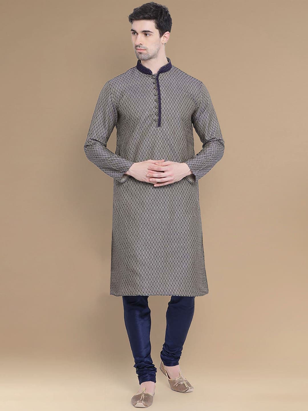 

Sanwara Geometric Woven Design Long Sleeves Kurta with Churidar, Blue