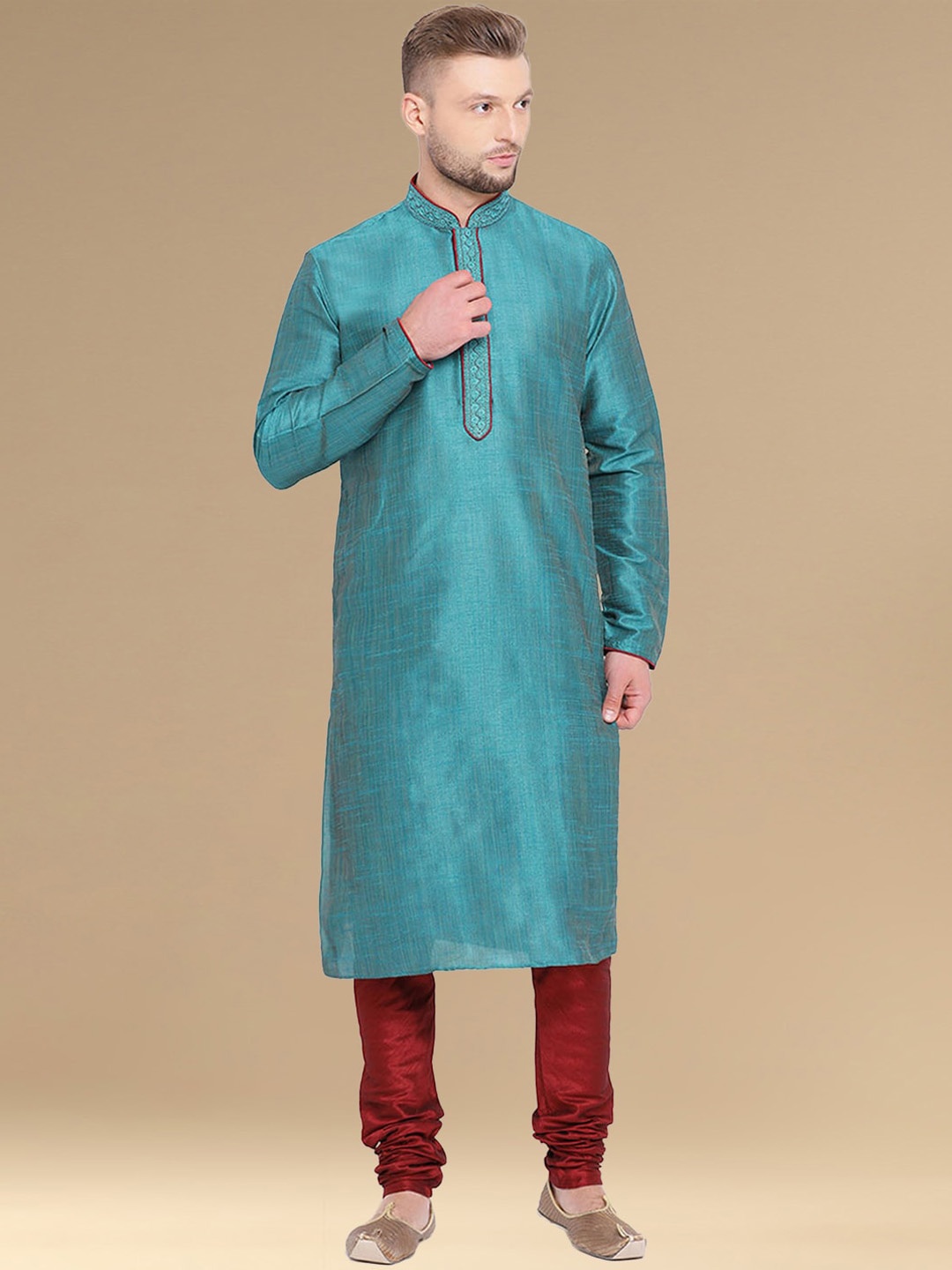 

Sanwara Woven Design Mandarin Collar Long Sleeves Kurta with Churidar, Blue