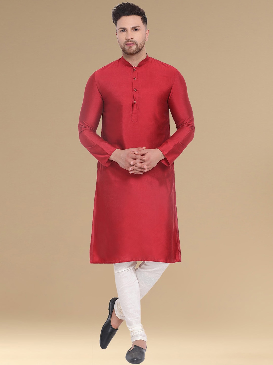 

Sanwara Woven Design Mandarin Collar Long Sleeves Kurta with Churidar, Maroon