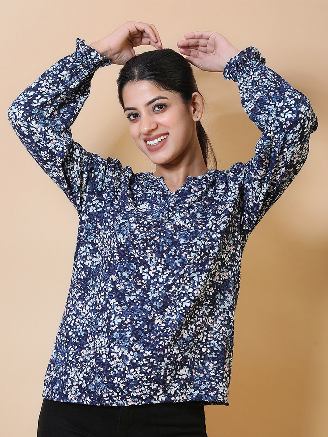 

putsum Floral Printed Cuffed Sleeves Top, Navy blue