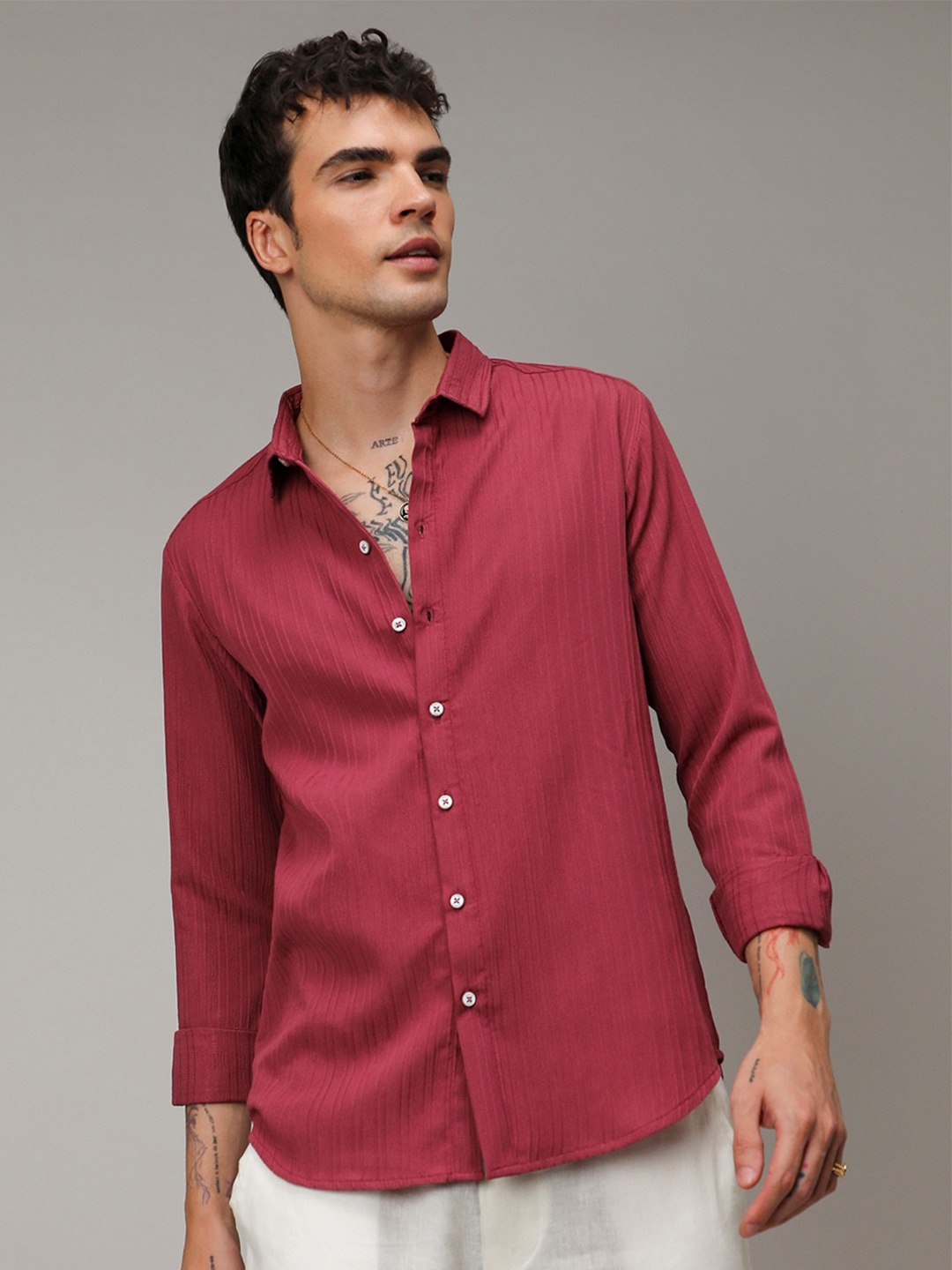 

Campus Sutra Self-Design Striped Shirt, Red