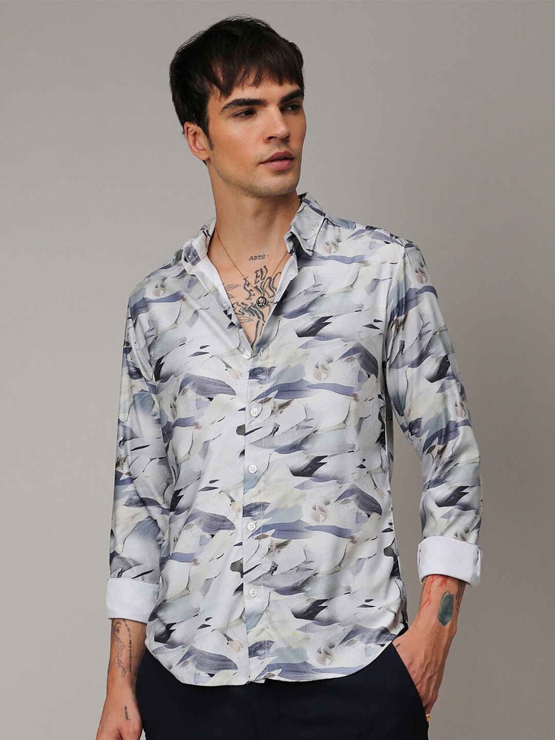 

Campus Sutra Classic Abstract Printed Spread Collar Long Sleeves Casual Shirt, Grey